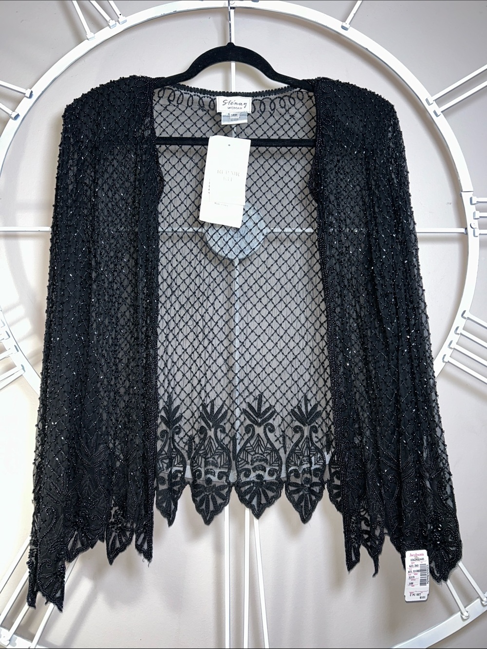 Vintage Stenay 100% Silk Black Beaded Sheer Open-Front Cardigan Duster Jacket